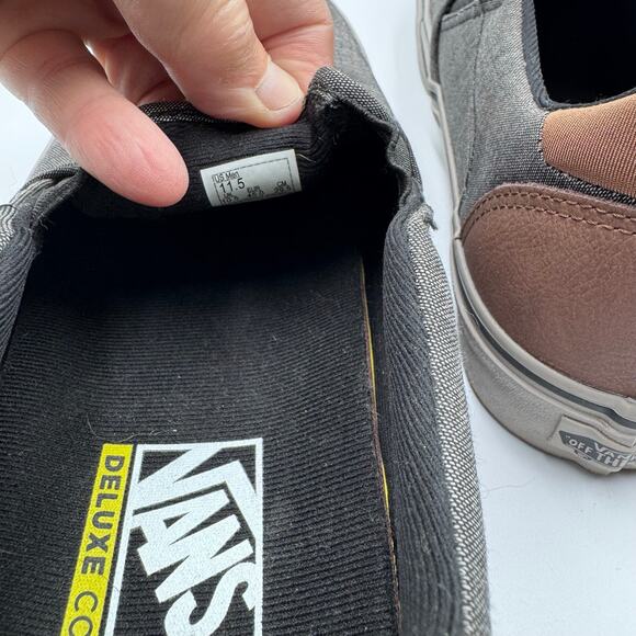 Vans Asher Deluxe Mens 11.5 Slip-On Skate Shoes Gray Textile Walnut Brown Accent